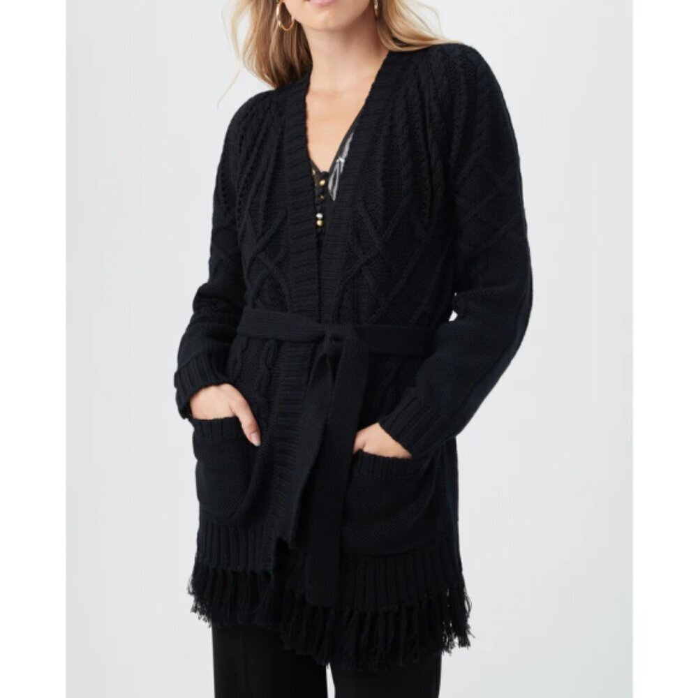 Trina Turk 'Bourdele' Fringe-Trim Merino Wool Cardigan Sweater, Black - Picture 2 of 3